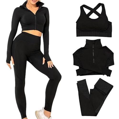 EROSEL 3 Piece Workout Sets for Women–Seamless Workout Sets with Jacket, Sports Bra & High-Waisted Leggings Women’s Gym Set
