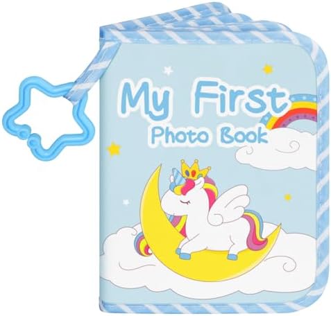 Lanpn Baby Fotoalbum 17 10x15 Fotos, Babyalbum mit Beißring und Anhänger Fotobuch zum Stoff, Einsteckalbum Erinnerungsbuch zum Gesichter Namen merken Geschenke für Kinder Jungen Ge