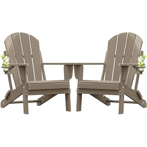 Folding Adirondack Chair Set of 2 with Cup Holder, Poly Lumber Patio Chairs, Wood Texture, Pre-Assembled Weather Resistant Outdoor Chairs for Pool, Deck, Backyard, Garden, Fire Pit, Weathered Wood Cover