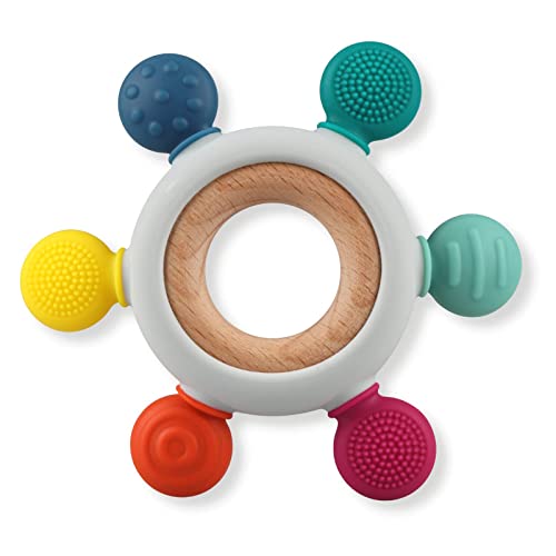 Image of Baby Teething Toys, Silicone Chewable Rings with Organic Wooden, Natural Wooden Ring & Silicone Teething Toys for Newborn, 3+ Months (6 Directions, Ocean)