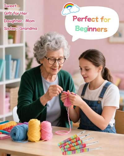 Image of 5 Sizes Crochet Hooks for Beginners 3.5mm(E)-6.0mm(J), Gradient Rainbow Ergonomic Grip for Arthritic, Extra Long Aluminum Crochet Needles, Ideal Crocheting Set Gift