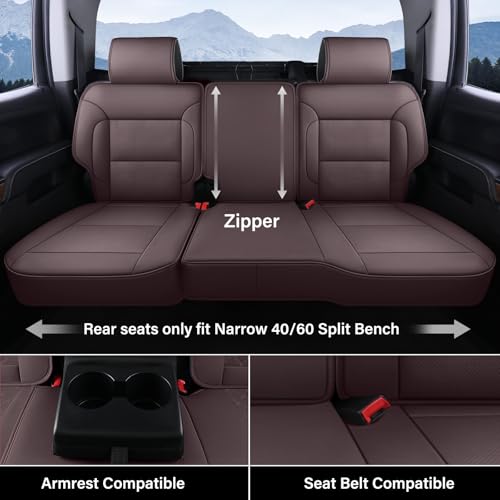 Image of Coverado Chevy Silverado Seat Covers, Leather Car Seat Covers Custom Fit for Chevy Silverado GMC Sierra 2014-2018 1500, 2015-2019 2500HD 3500HD (Full Set, Brown)