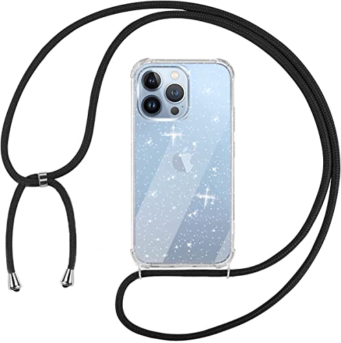 Tikgue Funda con Cuerda para iPhone 13 Pro, Carcasa Glitter Brillante Transparente TPU Suave Silicona Capa con Colgante Ajustable Collar Correa de Cuello Colgar Cordón - Negro Cover
