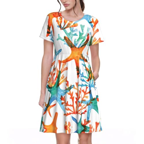 Robe d'été décontractée pour femme fluide et légère avec poches imprimé corail