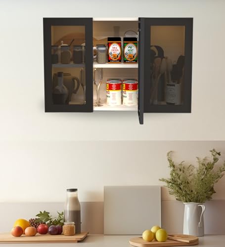 Image of SPECIALITY PANELS Aluminium Black Profile 3 Door Wall Cabinet | Brown Tinted Glass Handless Shutters | Wall Mounted Kitchen Storage Cupboard | Modern Space Saving Organizer | DIY Assembly