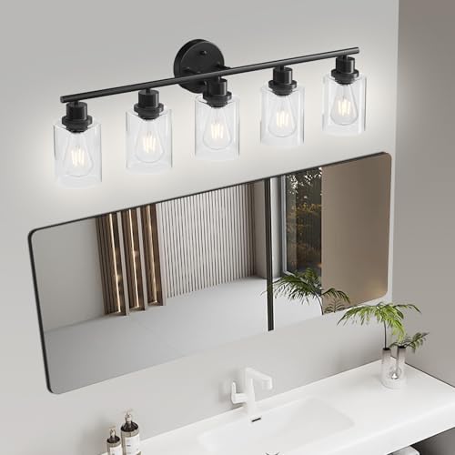 Image of 5-Light Black Bathroom Vanity Lights, E26 Modern Bathroom Light Fixtures with Clear Glass Shade, Mirror Kitchen Hallway Cabinet Living Room Sconces Wall Lights