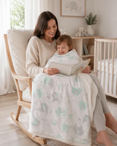 Image of EVERYDAY KIDS Large Ultra Soft Gray and Green Elephant Minky Baby Blanket for Boys and Girls Mink and Sherpa Toddler and Baby Blanket Measures 30 x 40 inch; Trendy Animal Elephant Baby Nursery Decor