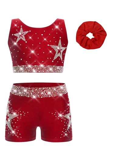 Kids Girls 3 Piece Gymnastic Dance Outfit Crop Top With Booty Shorts Hair Band Set For Yoga Training Burgundy 16 Years
