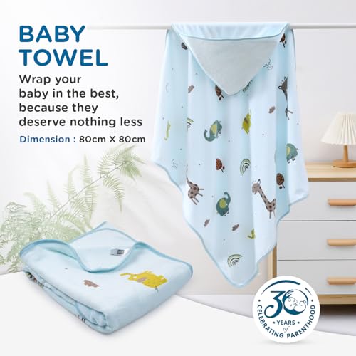 Image of Mee Mee Hooded Baby Bath Towel for New Born | Wash Cloth, Quick Absorbent, Used for Baby Swaddling, Extra Soft Cotton Towels for Kids /Toddlers /Infants /Babies, Pack of 1, (Blue Deer /Elephant) 80X80 CM