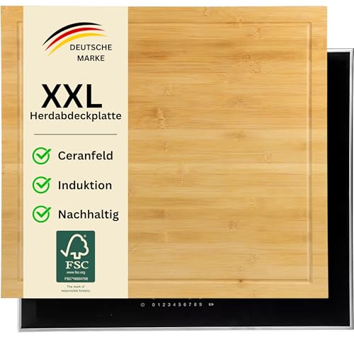 MOON HOME Schneide- und Abdeckplatte - Eclipse aus nachhaltigem FSC Bambus/Holz antibakteriell große 2-in-1 Herdabdeckplatte rutschfeste Füße mit Saftrille 50 x 56 x 4 cm