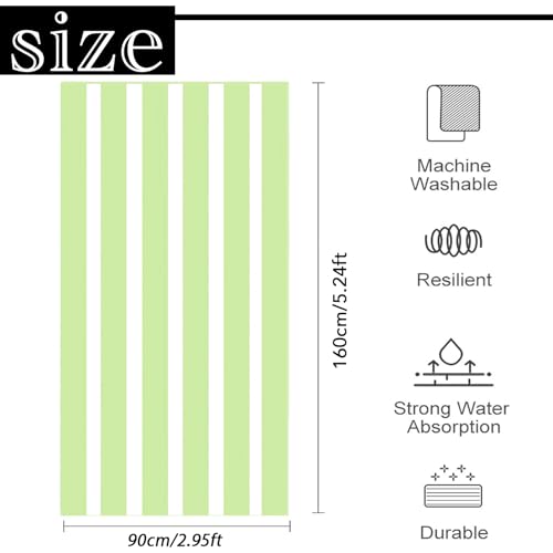 Large Quick Dry Microfibre Beach Bath Towel for Adult,Double Sides Green White Striped Sand Free Beach Towel with Bag,Lightweight Gym Yoga Sports Towel,Compact Travel Summer Beach Towel for Women Men - Image 2