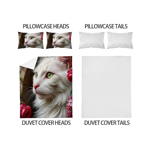 Housse de couette chat fleurs 200x200 literie enfants microfine lit 2 personnes