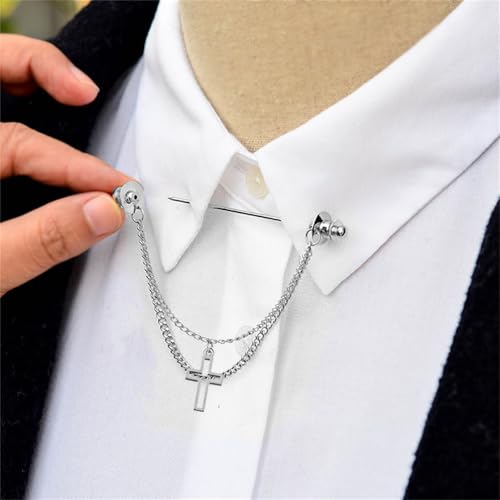 Image of Chain Lapel Pin Collar Bar Tassel Brooch Classic Ball Head Brass Shirt Collar Bar Tie Pins for Men Wedding Business