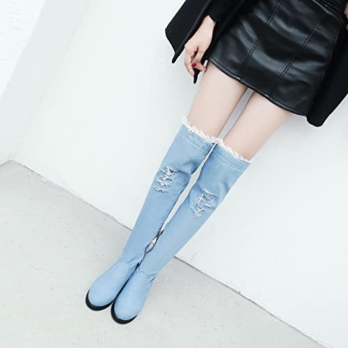 Bellirala Womens Denim Thigh High Boots Flat Over The Knee Boots Side Zipper3