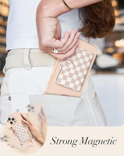 Image of Shorogyt for Magnetic Phone Wallet Compatible with Magsafe Card Holder - Luxury Slim Leather Mag Wallets for Women Fit 4 Cards, for iPhone 17 /16 /15 /14 /13 /12 Series for Apple RFID Magnet, Checkered