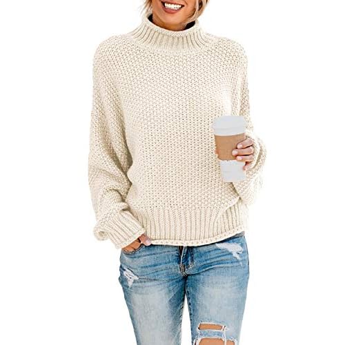 Dokotoo Womens 2024 Winter Fall Solid Turtleneck High Neck Balloon Long Sleeve Sweaters Pullover Outerwear