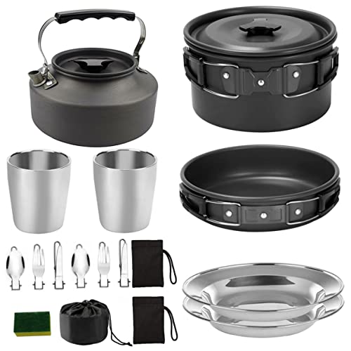 HOLIDYOYO 1Set Portable Camping Cookware for People Lightweight Outdoor Cooking Pot and Non Stick Frying Pan Anodized Picnic Tableware Black
