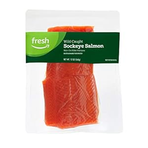 Amazon Fresh Brand, Wild Caught Sockeye Salmon Skin On Fillet Portions, 12 Oz, Sustainably Sourced (Previously Frozen)