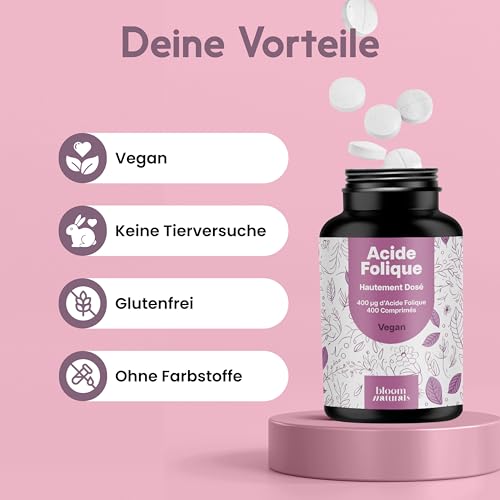 Folsäure 400µg - 400 Tabletten - hochdosiert - laborgeprüft mit Zertifikat - 100% vegan - Jahresvorrat - Verpackung kann variieren