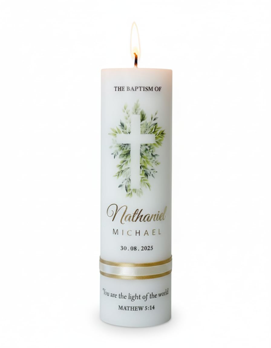 Personalised Baptism Candle with Cross and Floral Design, White Pillar Candle with Gold Foil Print, Customisable Name and Date, 2.25 x 8 Inch, Yellow Candles-image-2