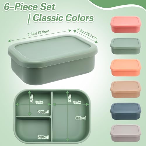 Image of Honeydak 6 Pcs Silicone Bento Boxes, 3 Compartment Lunch Containers | Reusable Silicone Bento Boxes for School, Work and Meal Prep; Microwave, Dishwasher and Freezer Use with Stackable Design