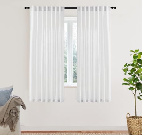 Image of XTMYI White Sheer Curtains 63 Inch Length for Living Room 2 Panels Natural Linen Voile Rod Pocket Back Tab Short Sill Length Bay Window Curtain Set for Dark Bedroom,50x63 Inches Long,Pure White