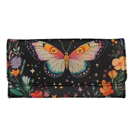 Night Butterfly Flowers Women Slim Wallet Black Long Trifold Clutch Checkbook Wallets, Painting Butterfly Stars Print PU Leathers Wallet Purse Credit Card Holder2