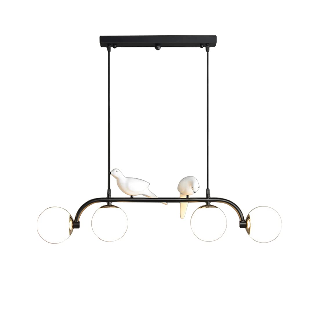 4 światła Szklana kula Oświetlenie żyrandola Matowa czarna lampa wisząca z kloszem ze szklanej kuli i pięknym wzorem ptaka, lampa wisząca sufitowa w stylu vintage do sypialni Salon Jadalnia (B)