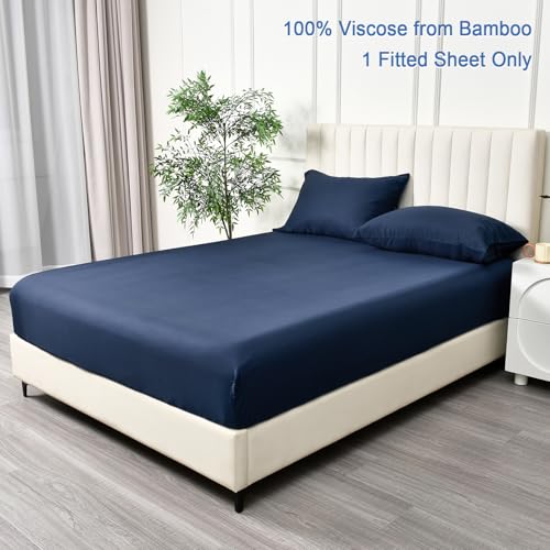 PHF 100% Rayon Derived from Bamboo Fitted Sheet Queen Size, 16" Deep Pocket,2.5cm Wider Strong Elastic Easy Fit, Breathable Silky Soft Skin-Friendly for Hot Sleeper, 60"x 80",Navy Blue, No Pillowcase