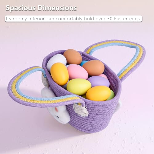 Image of Exun Bunny Baskets for Kids, Cute Cotton Tote Bag Hand-Woven Handbag with Rainbow Handles, Easter Egg Hunt Basket Bags for Boys, Girls, Toddler, Babies, Easter gift basket Personalized (Purple)
