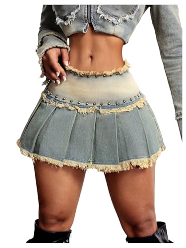 MakeMeChic Women's Pleated Jean Skirts Raw Hem Studded Zipper Y2K Mini Denim Skirt