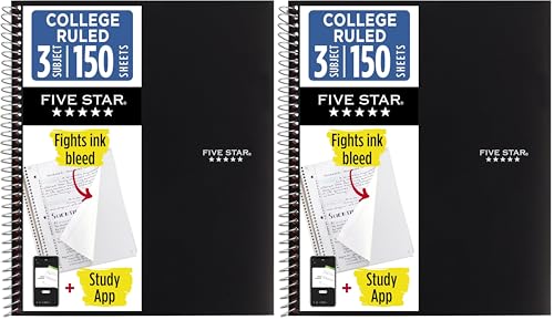 Image of Five Star Spiral Notebook + Study App, 3 Subject, College Ruled Paper, Fights Ink Bleed, Water Resistant Cover, 8-1 /2 inch x 11 inch, 150 Sheets, Black (72069) (Pack of 2)