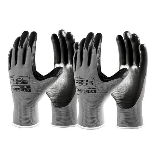 COOLJOB 20 Pairs Nitrile Dipped Safety Work Gloves with Grip, Non-slip Rubber Coated Bulk Garden Gloves for Men, Heavy-duty Oil Resistant for Truck Driver, Warehouse Box Handler, Medium, Gray