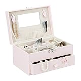 Viele Fächer: Schmuckkoffer für Ringe, Uhren uvm. - 2 Ebenen für Ohrringe, Ketten und weitere Schätze - Mit Stofftasche und 2 Laschen im Deckel