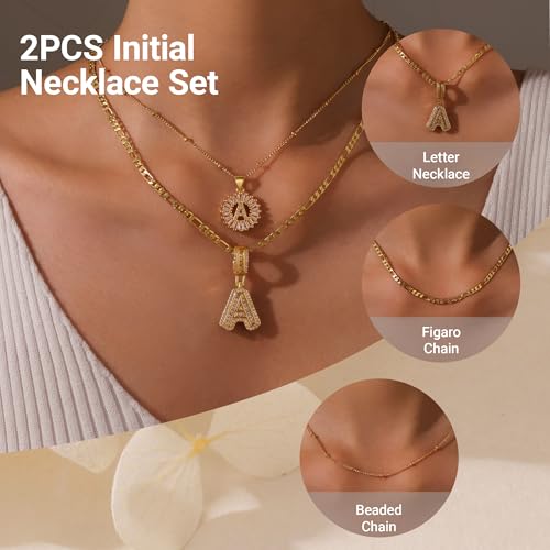 Gold Layered Initial Necklaces for Women, 18K Gold Plated Layering Round Letter Pendant Figaro Chain Letter Choker A-Z Zirconia Letters Name Crystal Jewelry Gifts for Women4
