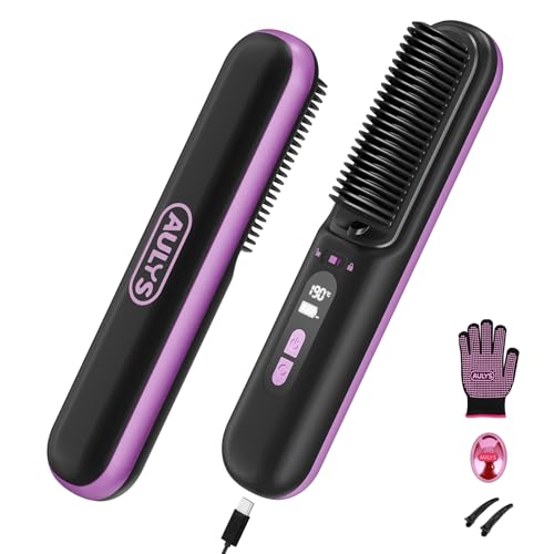 AULYS Cepillo Alisador Inalámbrico – Calentamiento Rápido en 25s, 6 Niveles de Temperatura, Batería 2400mAh, Anti-Frizz, Pantalla LED, Seguro y Portátil para Todo Tipo de Cabello