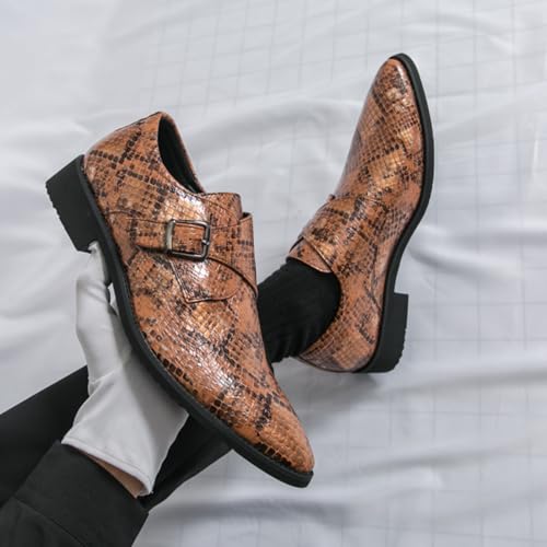 Mens Retro Snakeskin Leather Slip-On Buckle Monk Dress Shoes Pointed Toe Low Chunky Heels Non-Slip Casual Shoes for Formal Business Wedding4