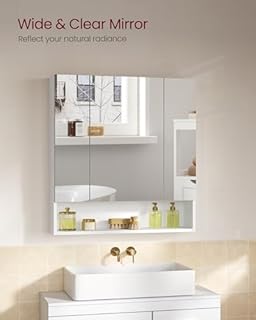 VASAGLE KAILYN Collection - Medicine Cabinet Mirror, Bathroom Wall Mirror Cabinet with Storage, Open Compartment, Adjustable Shelves, 6.5 x 27.6 x 29.5 Inches, Cloud White UBBK129W01