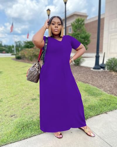 Image of TOPSRANI Womens Plus Size Maxi Dresses for Women Oversize Casual Short Sleeve V Neck Loose Plain Solid Trendy Summer Dress