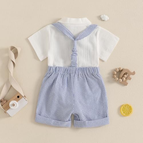 Baby Boy Gentleman Short Sleeve Lapel Neck Romper with Stripe Suspender Shorts and Bowtie4