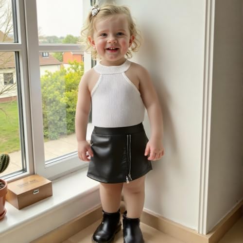 Toddler Girl's 2 Piece Outfits Sleeveless Halter Ribbed Tank Top Pu Leather Aline Skirt Shorts Set2