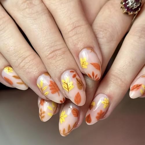 Press on Nails Medium Almond MABKJLF Fall Fake Nails False Nails with Designs Yellow & Orange Maple Leaves Full Cover Glossy Glue on Nails Autumn Acrylic Nails for Women Girls 24 Pcs