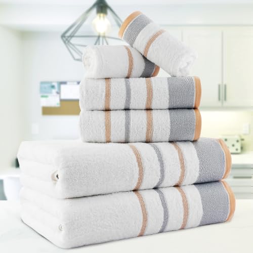 Image of Casa Copenhagen, Germany Design - White Bay Super Soft Collection 100% Cotton 6 Piece Towel Set, Includes 2 Bath Towels 2 Hand Towels 2 Washcloths - Grey & Beige