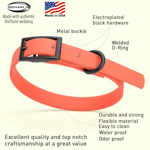 Image of Dogline Biothane Waterproof Dog Collar Strong Coated Nylon Webbing with Black Hardware Odor- Proof for Easy Care Easy to Clean High Performance Fits Small Medium or Large Dogs, Coral