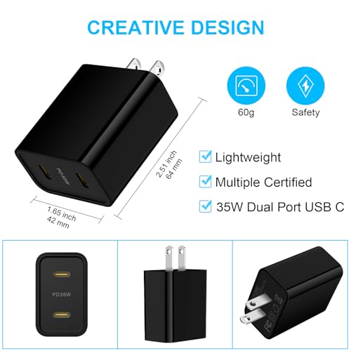 35W Dual Port USB C Fast Charger Block for Samsung Galaxy S25 Ultra S25+ S24 FE S23 S22 S21 A56 A55 A54 A16 5G A15 A14 A36 A35, Pixel 9 Pro XL 8a 8 Pro 7a 7 Pro, Type C Power Adapter 6FT USB C Cable - Thumbnail 4