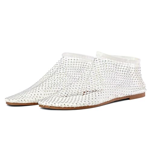 Image of Mesh Ballet Flats Round Toe Shiny Gem Mesh Flats Rhinestone Short Boots Sexy Sandals Cutout Sparkly Comfortable Beach Casual Dress Flats for Women