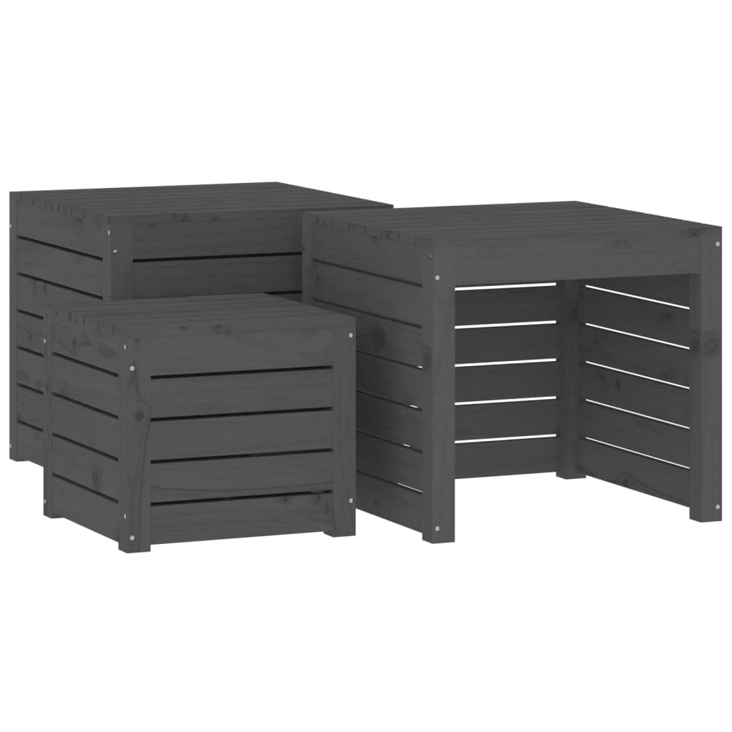 4-tlg. Gartenbox-Set Grau aus Massivholz Kiefer mit Deckel für Stauraum und Sitzgelegenheit, robuste Aufbewahrungstruhen für Terrasse und Außenbereich, wetterfeste Gartenmöbel