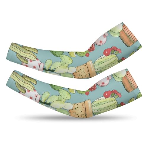 Xmkltbz 1 Pair Cooling Arm Sleeves, Unisex Warmer Spandex Sports Cover Uv Sun Protection for Cycling Golf Running S Print Seamless Pattern of Green Cacti Cactus with Flowers in Pots