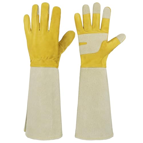 Image of HANDLANDY Rose Pruning Gloves for Men Women, Thorn Proof Gardening Gloves | Long Leather Gardening Gloves, Breathable Leather Gauntlet, Best Garden Gifts & Tools for Gardener (Butter Yellow, S)