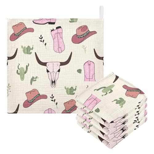 Kigai Cowboy Boots and Cow Bones Baby Washcloths,5pcs Ultra Soft Absorbent Towel,Newborn Bath Face Towel, Natural Reusable Baby Wipes for Sensitive Skin, Baby Registry as Shower